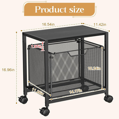 JKsmart Under Desk Storage, Printer Stand with Drawer, Rolling File Cabinet with Adjustable Table Top, 2 Tier Industrial Shelf on Fixed Feet Wheels, Sofa Side Table Organizer for Home, Office, Black