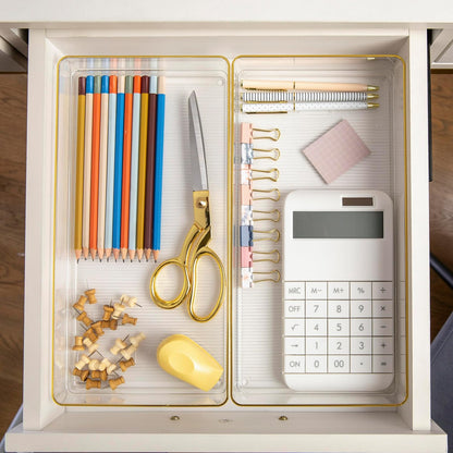 Martha Stewart Kerry Plastic Stackable Office Desk Drawer Organizers, 6" x 3", 6 Pack, with Gold Trim