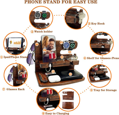 VEIYAILU Gifts for Men Women Dad Husband Boyfriend Wood Phone Docking Station Nightstand Organizer for Men Birthday Gifts (Dark Brown)
