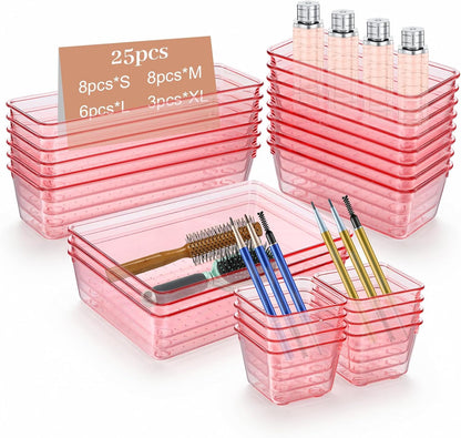 25 Pack Desk Drawer Organizer Set, Small Acrylic Vanity Trays & Storage Bins, Clear Plastic Drawer Organizer Trays for Makeup, Office, Bathroom, Kitchen (Pink)