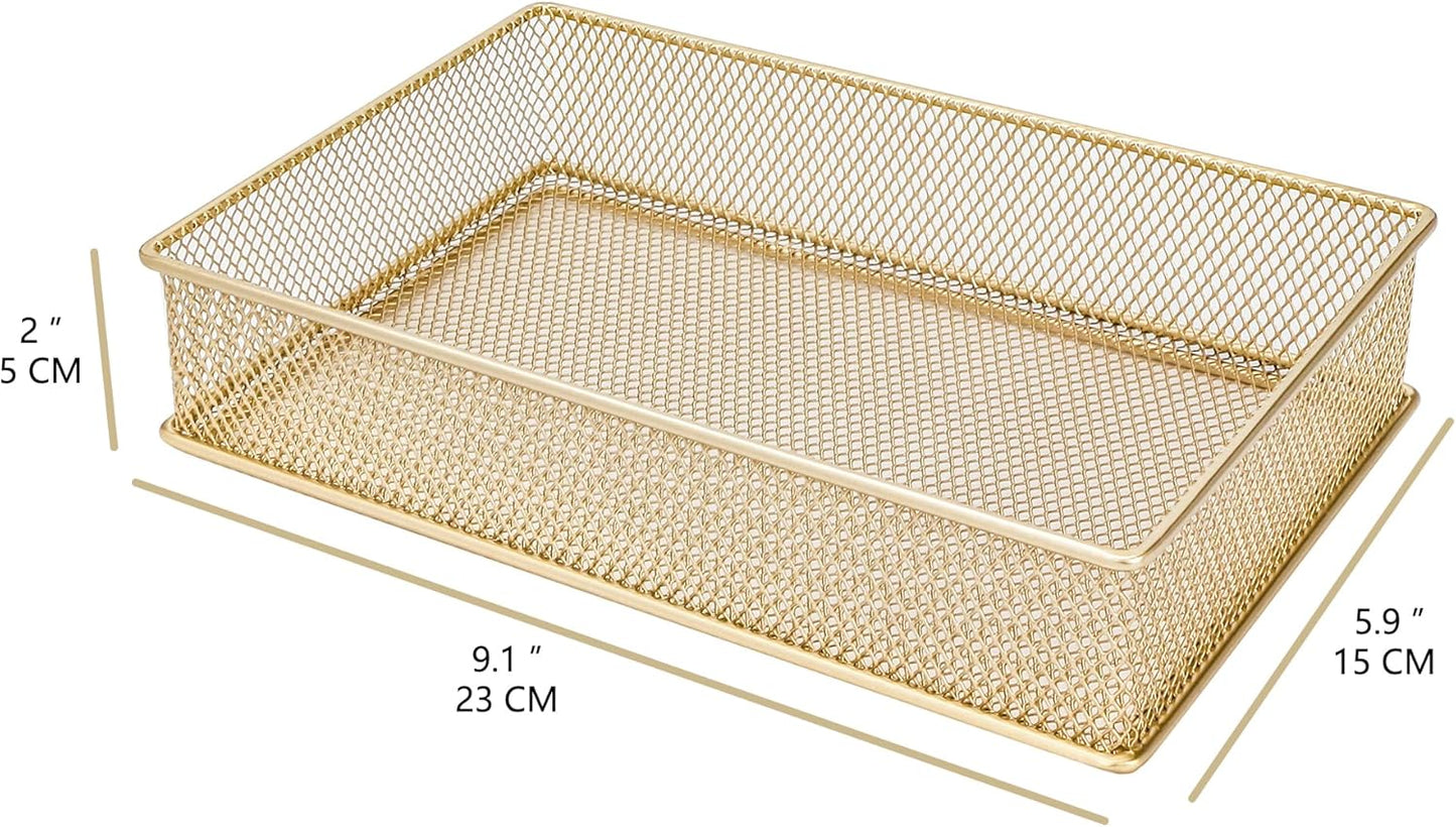 Annova Stackable Mesh Drawer Cabinet and Shelf Organizer Bins Storage Basket School Office Supply Holder Tray- Set of 2 (Gold, 3x3x2 Inch)