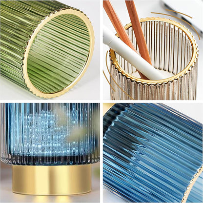 DASITON Makeup Brush holder Organizer,Crystal Cosmetic Makeup Brush Glass Brushes Storage Holder, Vintage Make Up Brush Cup Pen Pencil Holder striped vase(Coffee S)