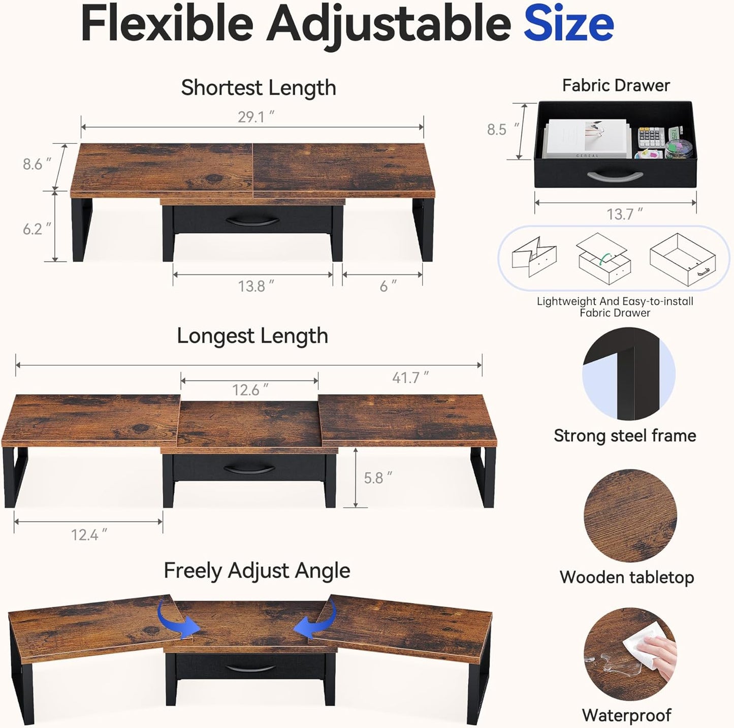Dual Monitor Stand Riser, Desk Organizers and Accessories with Drawer, Computer Monitor Stands for Desk, Adjustable Desktop Shelf for PC Laptop Printer TV, Black