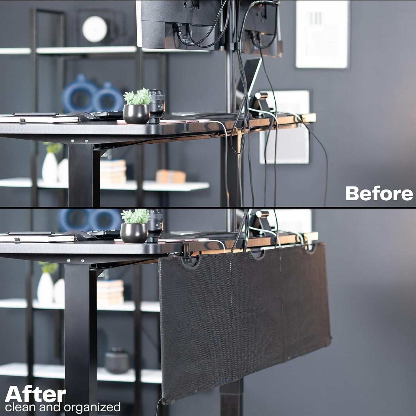 VIVO 48 Inch Clamp-on Privacy and Cable Management Organizer Sleeve, Wire Hider Kit Panel System, Desk Skirt, Black, DESK-SKIRT-48P