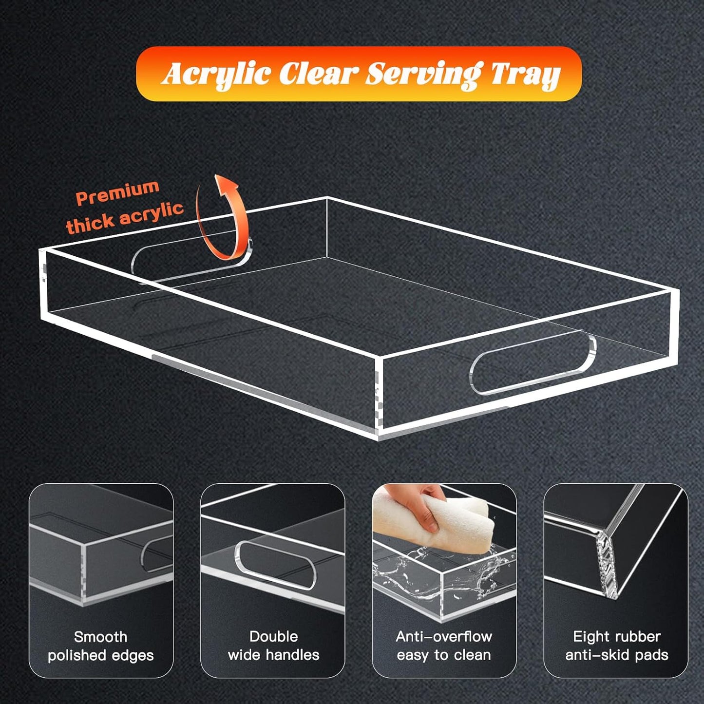 Clear Acrylic Tray with Raised Edges, Multi-Purpose Organizer Tray for Vanity, Bathroom, Kitchen, Countertop, Dresser & Desktop, Waterproof & Scratch-Resistant
