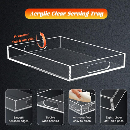 Clear Acrylic Tray with Raised Edges, Multi-Purpose Organizer Tray for Vanity, Bathroom, Kitchen, Countertop, Dresser & Desktop, Waterproof & Scratch-Resistant
