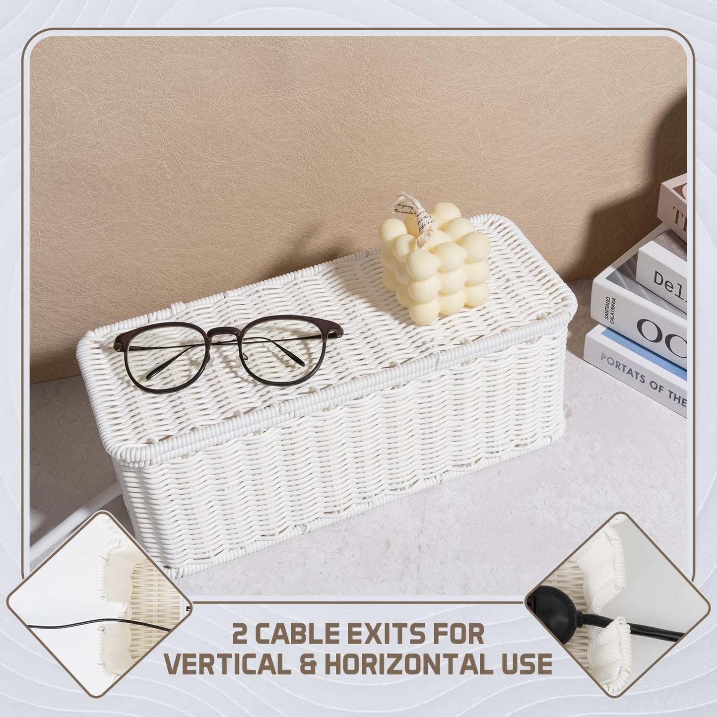 Cable Management Box, Handmade Rattan Cable Organizer with 2 Open Slots, Cord Hider for Power Strip, Router & USB Hub, Registered U.S. Design Patent (D1,112,102), 13" x 5.1" x 5.1", Natural