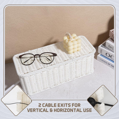 Cable Management Box, Handmade Rattan Cable Organizer with 2 Open Slots, Cord Hider for Power Strip, Router & USB Hub, Registered U.S. Design Patent (D1,112,102), 13" x 5.1" x 5.1", Natural