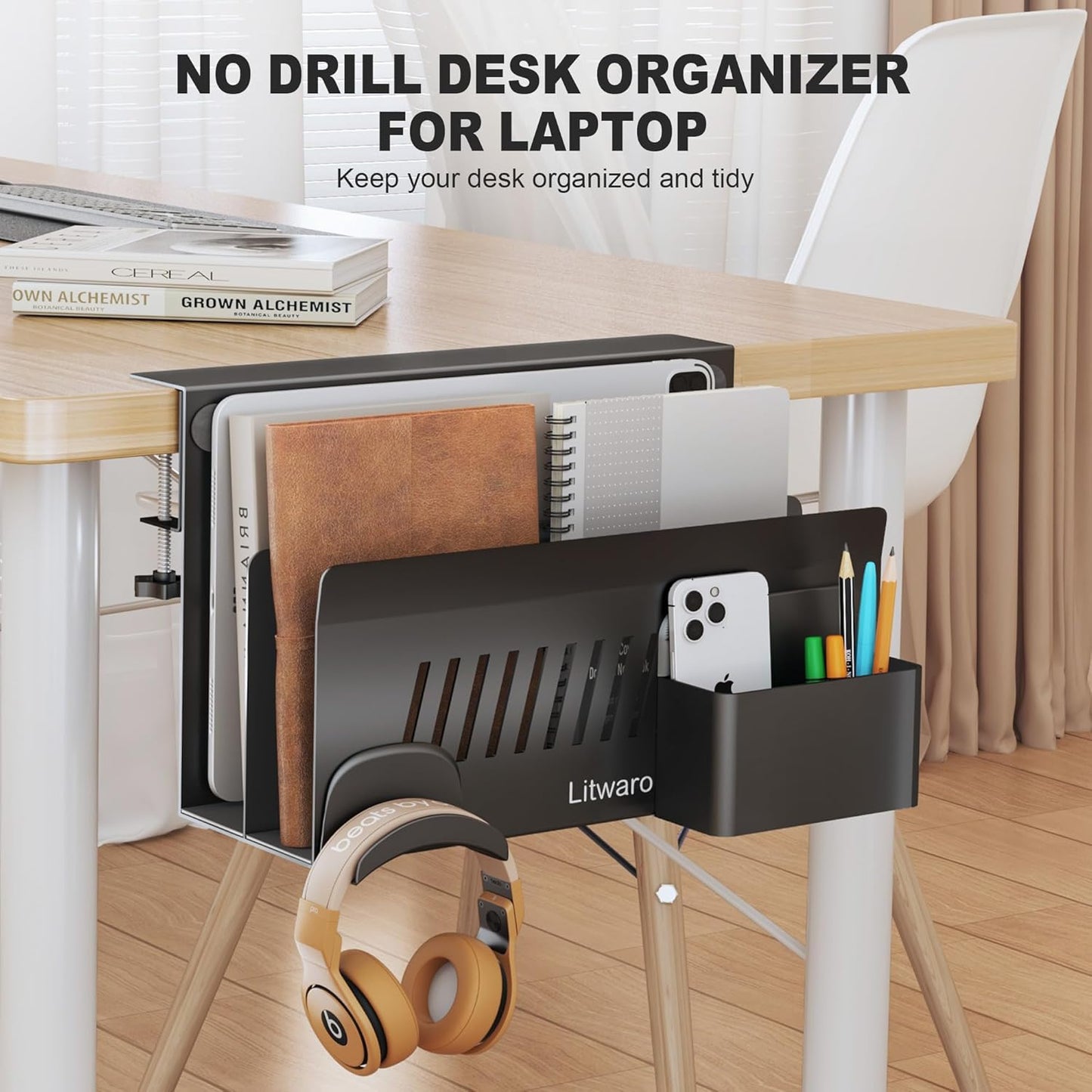 Litwaro Desk Side Storage Organizer, 2 Tier Under Desk Laptop Holder No Drill, Laptop Mount with Magnetic Pen Holder, Hanging Desk Organizer Fits Flat Edge Desks 0.4" to 2.1" (White)