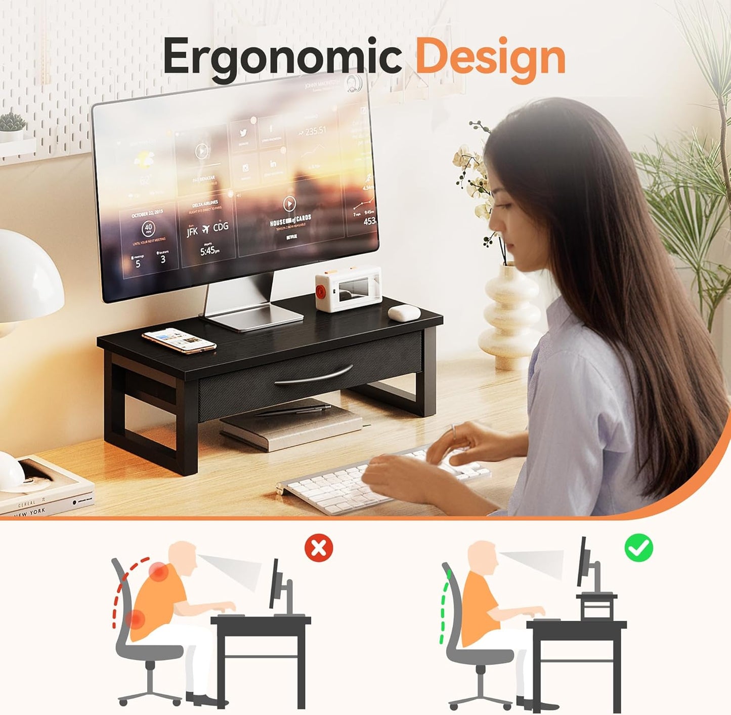 Desk Organizers and Accessories, Computer Monitor Stand Riser with Fabric Drawer, 2-Tier Laptop Stand for Desk, Office Organization Accessories, Pink