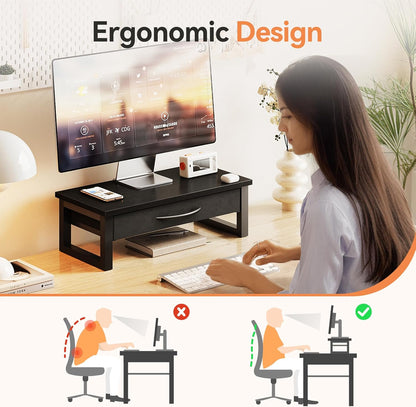 Desk Organizers and Accessories, Computer Monitor Stand Riser with Fabric Drawer, 2-Tier Laptop Stand for Desk, Office Organization Accessories, Pink