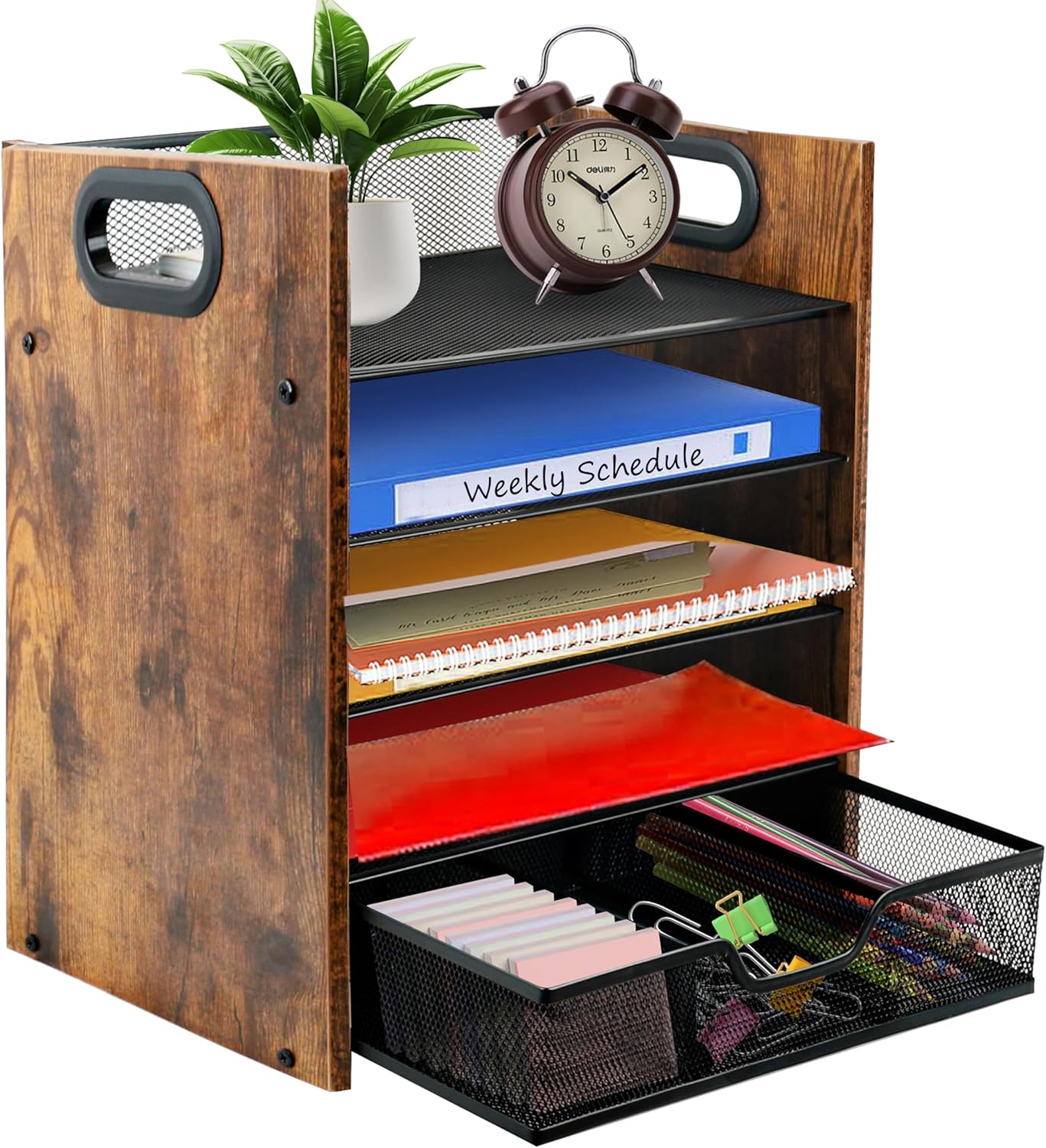 Wood Desk Organizer - 3-Tier Desktop File Organizer with Drawer, Wooden Paper Tray, Office Desk Organzier and Accessories for Papers, Mail, Notebooks, Stationery