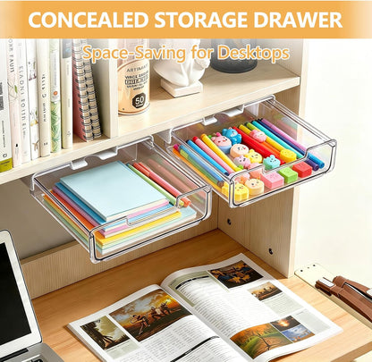 Under Desk Storage Drawers Self-Adhesive Easy Hidden Desktop Organizer, Attachable Clear Acrylic Storage Tray Under Table Drawer for Home Office School Counters Workstation, 2 Pack