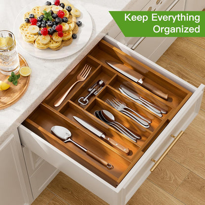 Pipishell Bamboo Expandable Silverware Drawer Organizer, Adjustable Kitchen Utensil Tray for Forks, Spoons and Knives, Wood Storage Cutlery Holder for Bedroom and Living Room