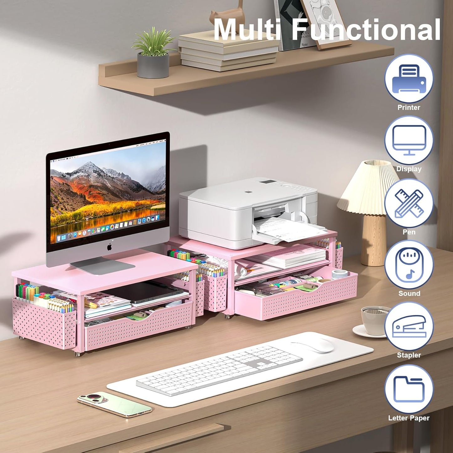 Spacrea Desk Organizer and Accessories, Computer Monitor Stand Riser with Drawer and 2 Pen Holders, Office Desk Accessories & Workspace Organizers for Office Supplies (Black)