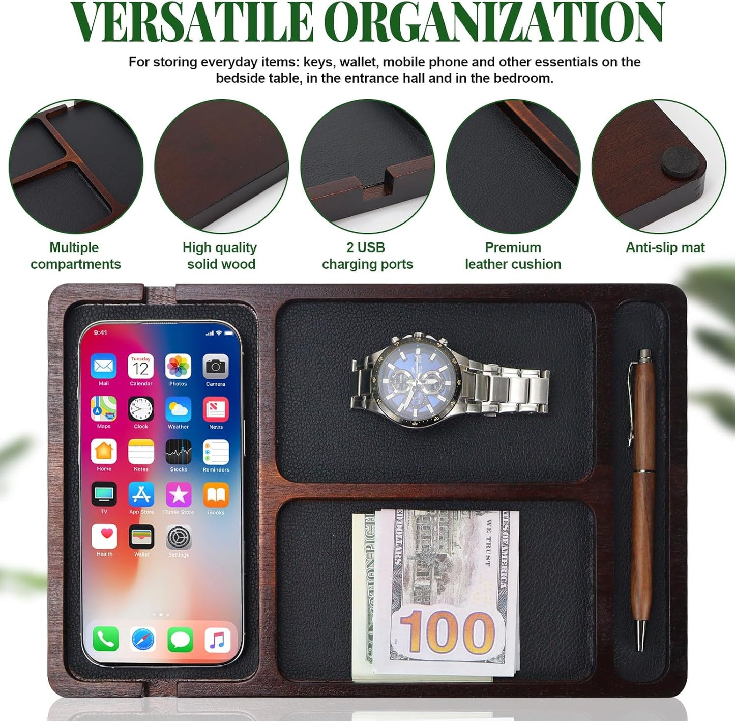 MultiBey Acacia Wood Valet Tray Nightstand Organizer, Wooden Valet Trays for Men Women, Wood Desk Organizer Drawer, EDC Essentials Catchall Tray for Phones, Watch, Pens, Keys
