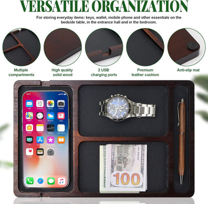 MultiBey Acacia Wood Valet Tray Nightstand Organizer, Wooden Valet Trays for Men Women, Wood Desk Organizer Drawer, EDC Essentials Catchall Tray for Phones, Watch, Pens, Keys