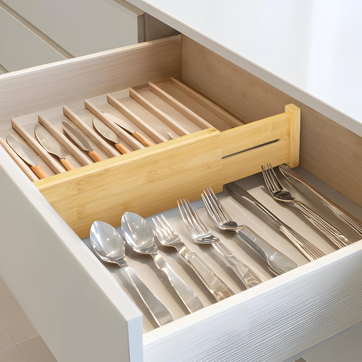 VaeFae Adjustable Bamboo Drawer Dividers, Expandable Drawer Organizer for Kitchen, Bedroom, Bathroom, Dresser and Office, 6-Pack