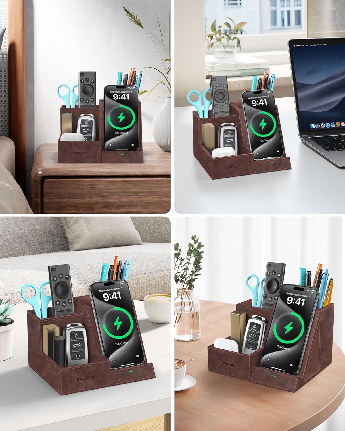 Wireless Charger with Desk Organizer, Pen Pencil Holder, Multifunctional Desktop Organizer, Office Supplies and Desk Accessories Organizer with 3 Compartments and 1 Phone Stand