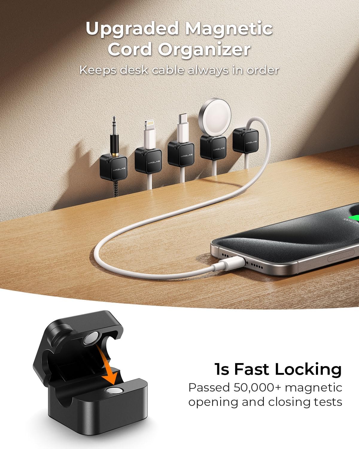 10Pack 2026 Upgraded Cord Organizer Magnetic Cable Clips [1s Lock] MRGLAS Cable Holder Office Desk Accessories with 4 Extra Strong Adhesive Pads, Wire Keeper for Nightstand Desktop Wall Car