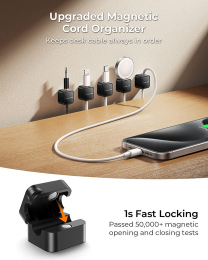 10Pack 2026 Upgraded Cord Organizer Magnetic Cable Clips [1s Lock] MRGLAS Cable Holder Office Desk Accessories with 4 Extra Strong Adhesive Pads, Wire Keeper for Nightstand Desktop Wall Car
