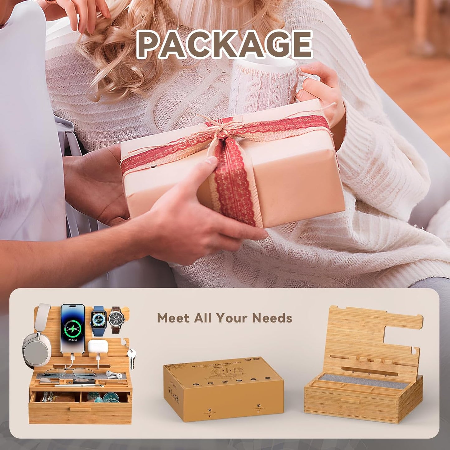 Pezin & Hulin Wooden Charging Station, Bedside Nightstand Tray, with Spacious Drawer, Felt Pads for Phones, Watch, Idea Gifts for Him Birthday, Son, Christmas for Papa Fathers Day (Nature)