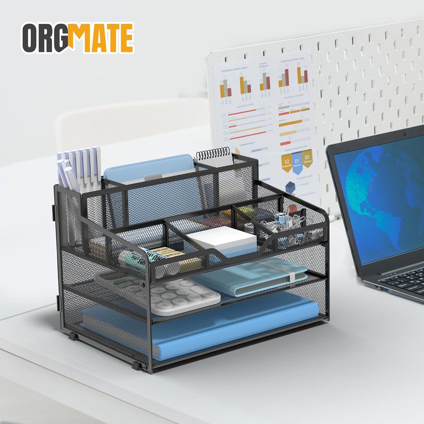 5 Tier Mesh Desk Organizer,Multi Functional Letter Paper Tray with 3 Pen Holders and 5 Adjustable Storage Compartments for Office Supplies Files and Mail Space Saving Desktop Organizer-Black
