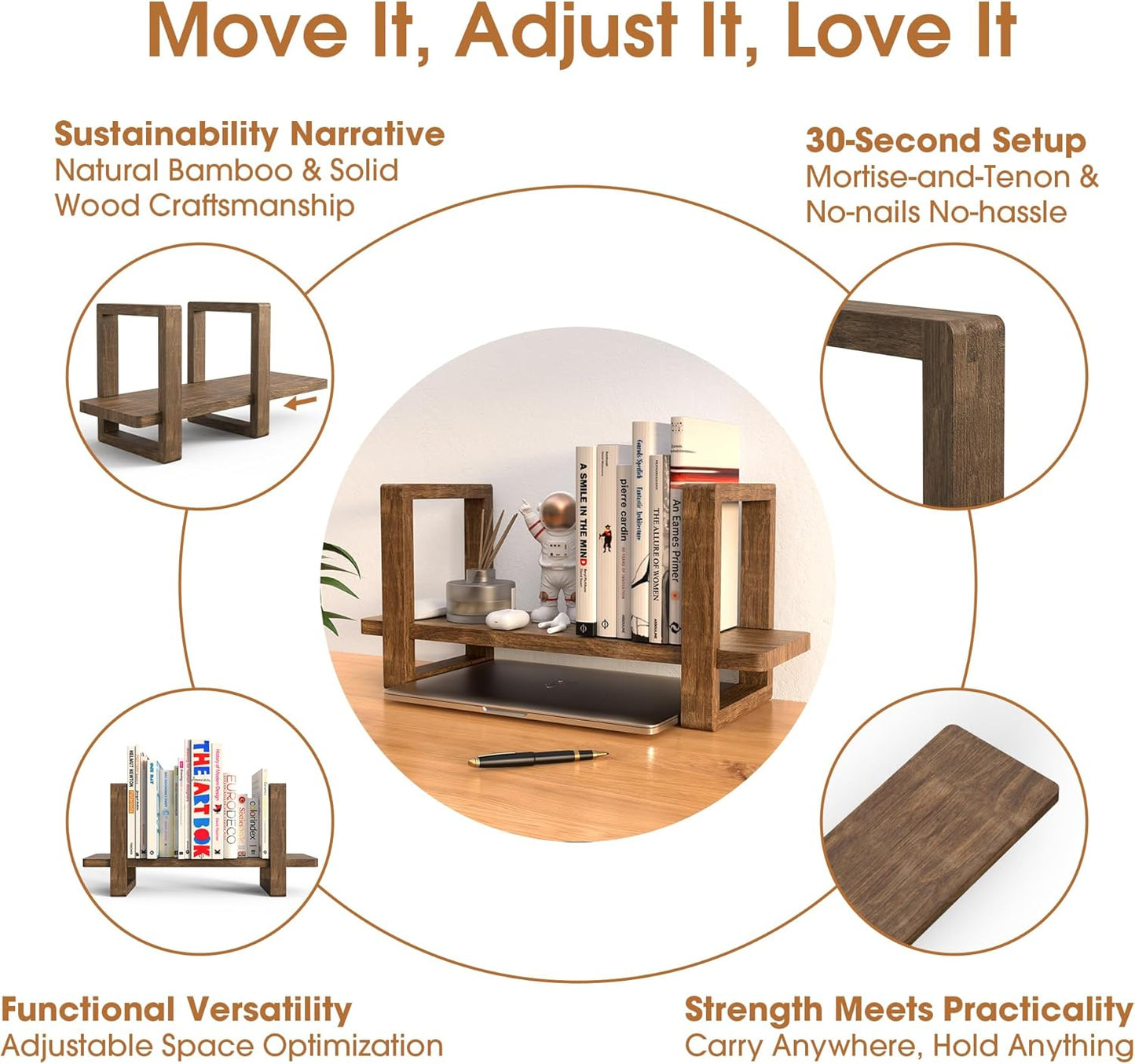 Small Adjustable Desk Bookshelf Organizer – Open Bookend Shelf Flexible to Fit as Much or as Little with Slide-in Joints | Portable, Reversible for Class, Dorm, Home Office | Bamboo