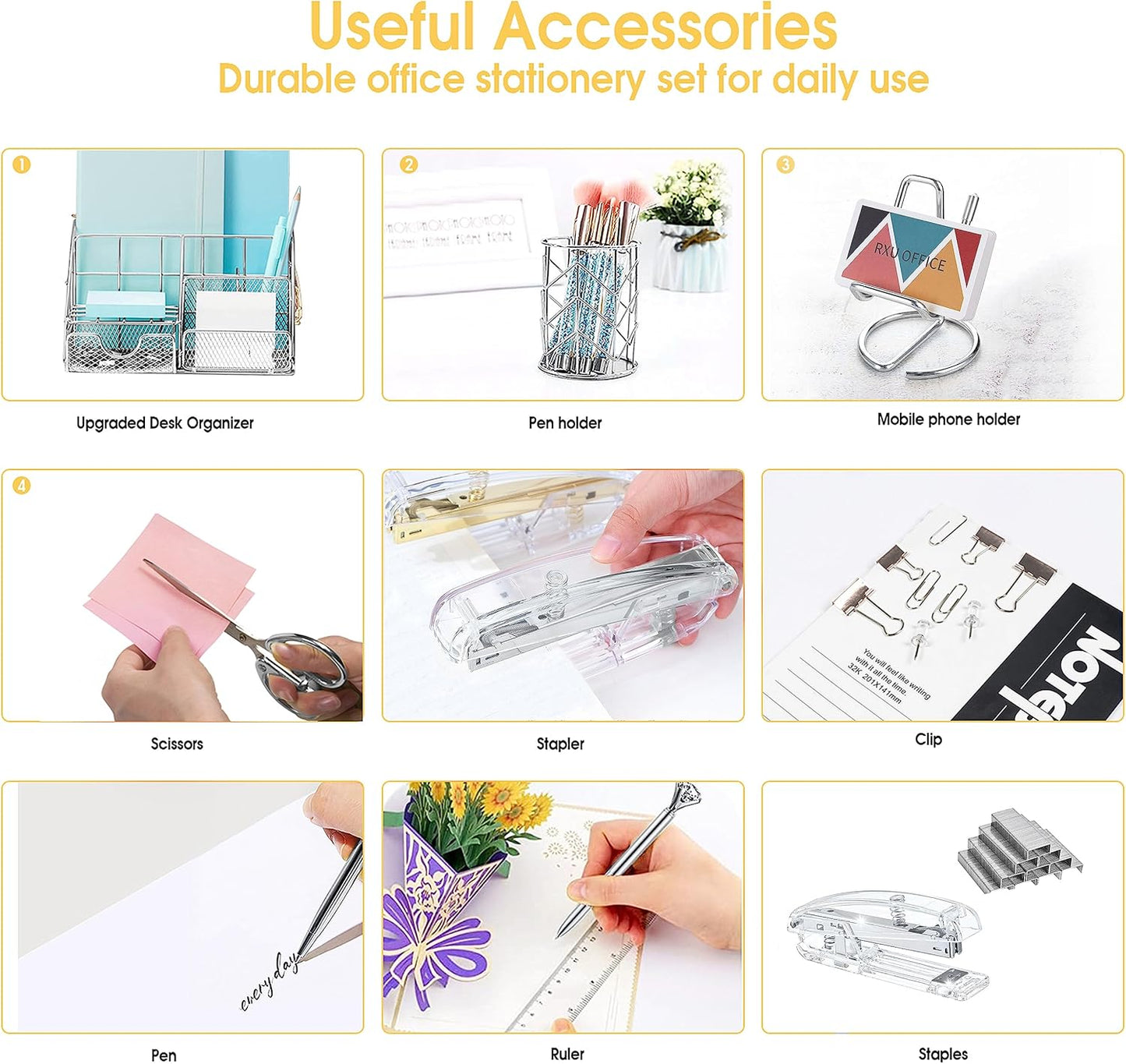 KAAKOW Gold Desk Organizers and Accessories Office Supplies Set Stapler, Pen Holder, Phone Holder, Scissors, Pen, Ruler, 30 Paper Clips, 22 Binder Clip, 20 Tacks and 1000pcs Staples (Gold)