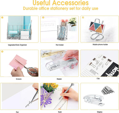 KAAKOW Gold Desk Organizers and Accessories Office Supplies Set Stapler, Pen Holder, Phone Holder, Scissors, Pen, Ruler, 30 Paper Clips, 22 Binder Clip, 20 Tacks and 1000pcs Staples (Gold)