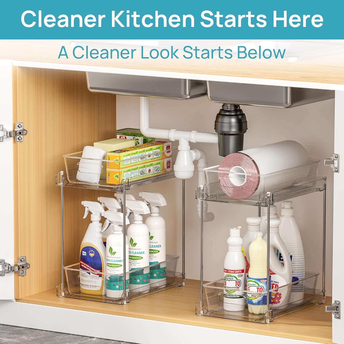 Vtopmart 4 Pack Bathroom Organizer, 2 Tier Clear Under Sink Organizers Vanity Countertop Storage Container,Cabinet Drawers Bins, Pull-Out Organization with Track for Pantry, Kitchen