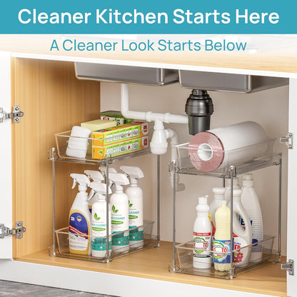 Vtopmart 4 Pack Bathroom Organizer, 2 Tier Clear Under Sink Organizers Vanity Countertop Storage Container,Cabinet Drawers Bins, Pull-Out Organization with Track for Pantry, Kitchen