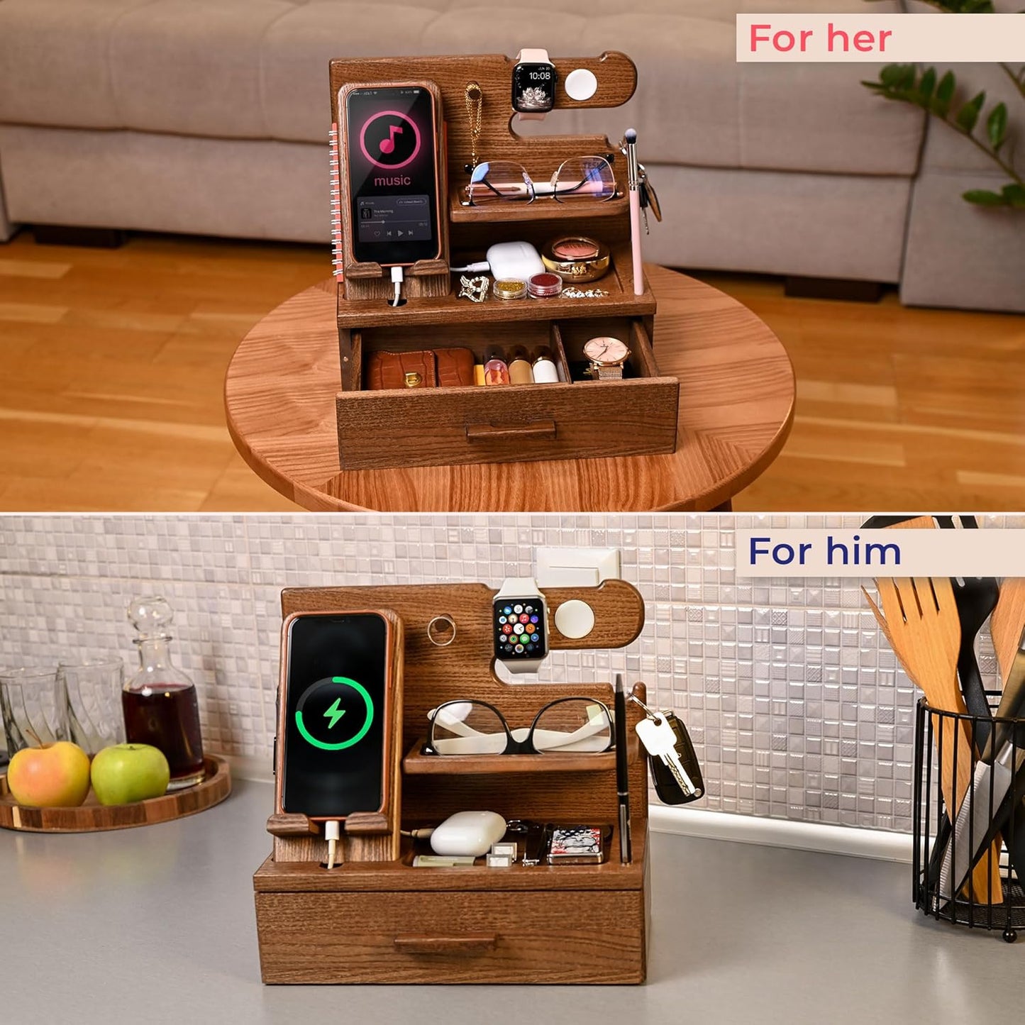 TESLYAR Wood Phone Docking Station with Drawer - Nightstand Organizer - Desk Organizer for Husband - Birthday Gifts for Men, Dad, Anniversary Idea, Key Holder Stand Watch & Accessories (Antique Brown)