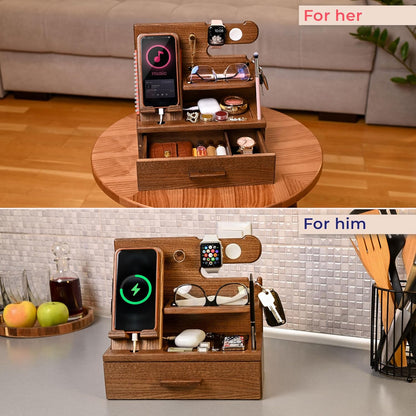 TESLYAR Wood Phone Docking Station with Drawer - Nightstand Organizer - Desk Organizer for Husband - Birthday Gifts for Men, Dad, Anniversary Idea, Key Holder Stand Watch & Accessories (Antique Brown)