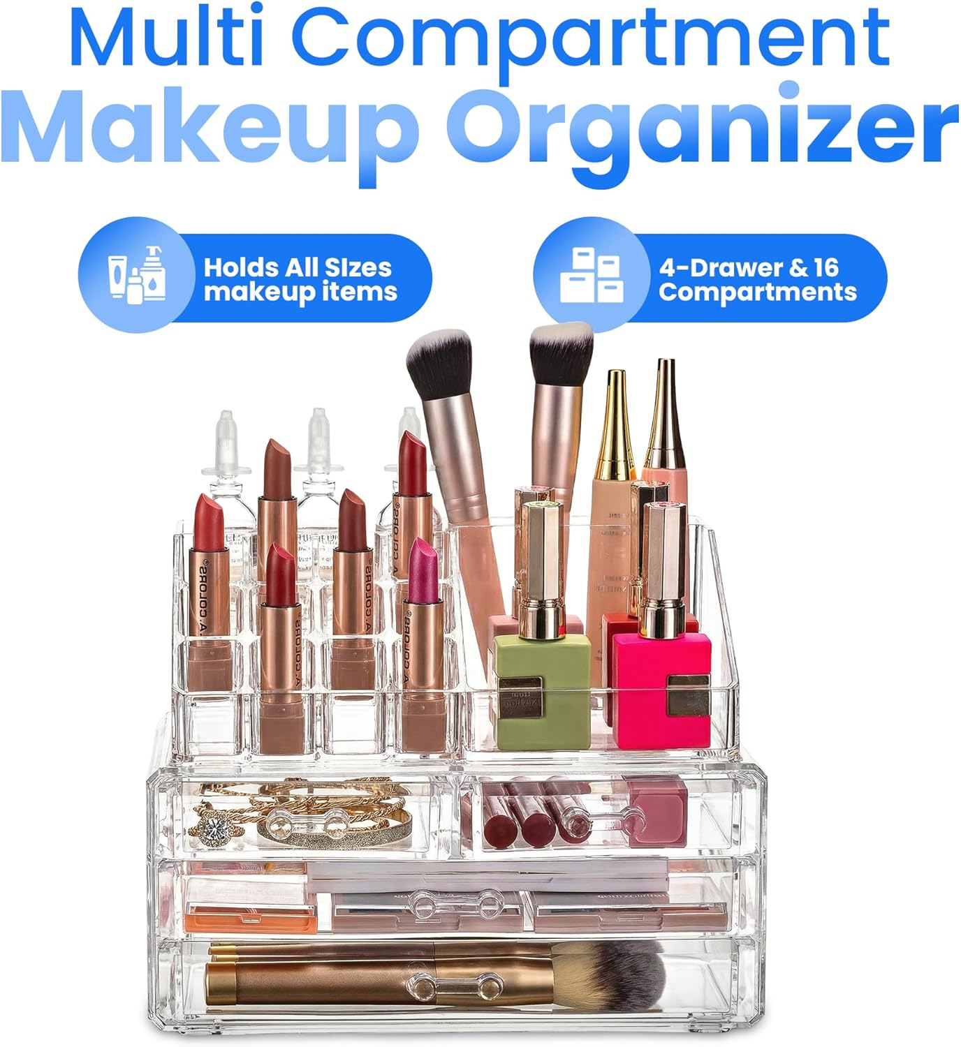 Masirs Clear Makeup Organizer - 16-Compartment Cosmetic and Jewelry Holder with 4 Drawers - Vanity Storage Box for Makeup, Skincare, Accessories, and Jewelry Display