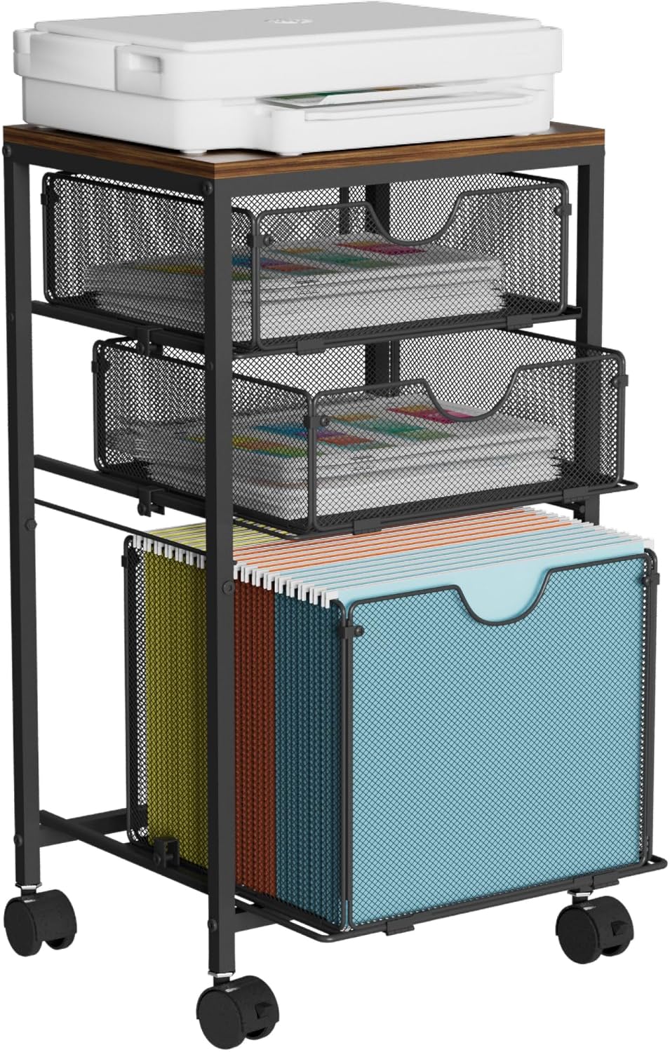 BOHDK Rolling File Cart with 3 Storage Drawers, Wood & Mesh Hanging File Folder Organizer with Wheels Under Desk, File Cabinets for Home Office, 11.81" D x 14.8" W x 25.39" H, White