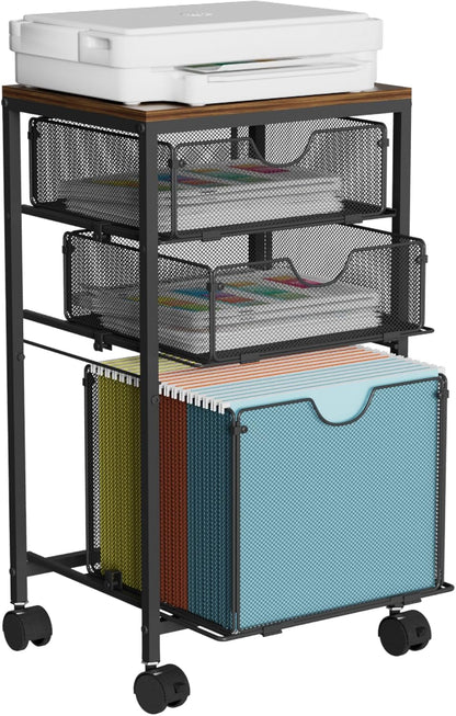BOHDK Rolling File Cart with 3 Storage Drawers, Wood & Mesh Hanging File Folder Organizer with Wheels Under Desk, File Cabinets for Home Office, 11.81" D x 14.8" W x 25.39" H, White