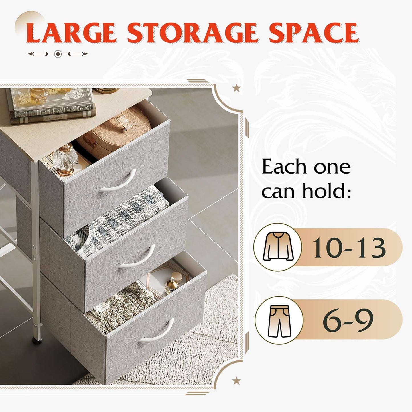 WLIVE Dresser with 3 Drawers, Fabric Nightstand, Cabinet with Wheels, Organizer Storage Dresser for Bedroom, Office, Entryway, Closets, Sturdy Steel Frame, Wood Top, Easy Pull Handle, White