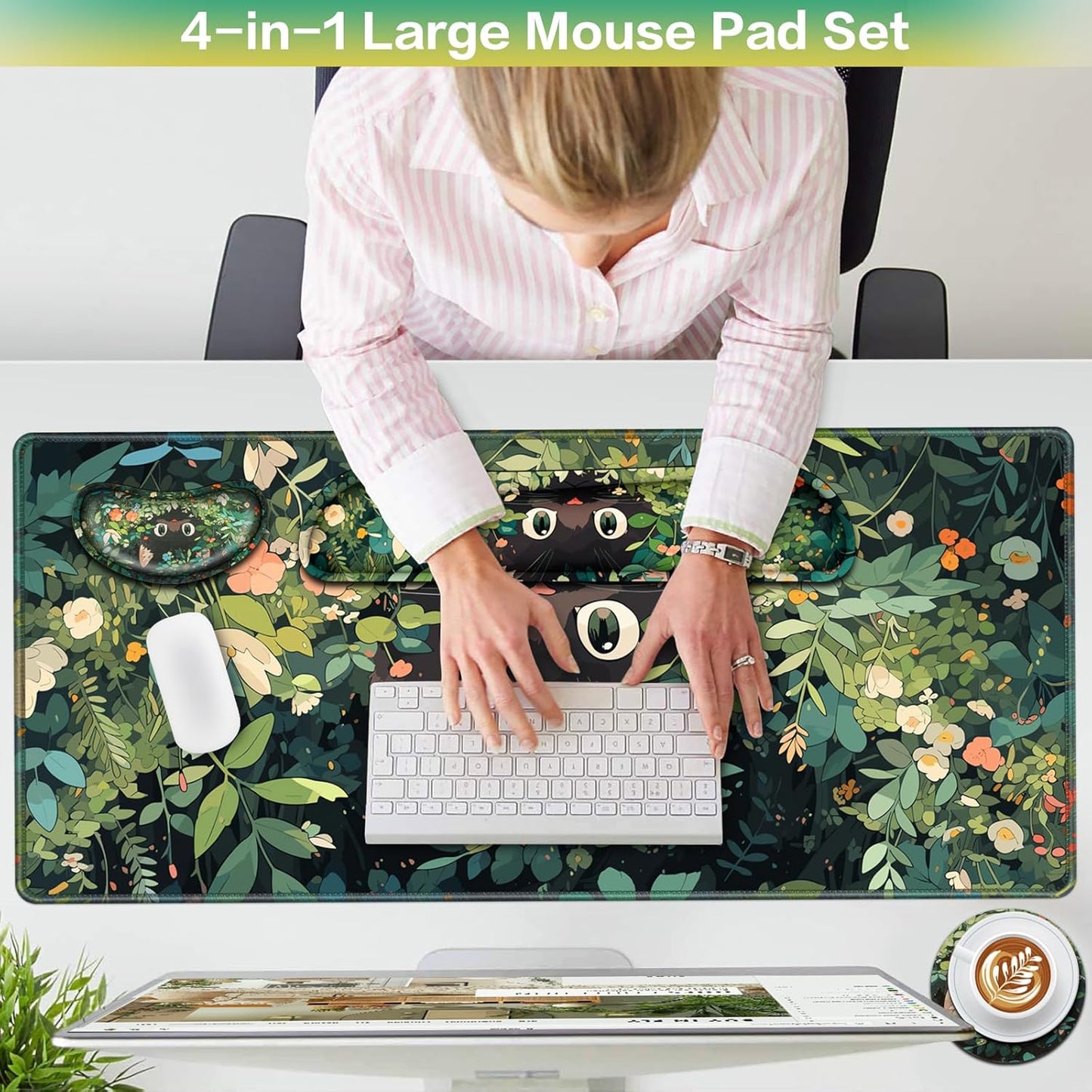 Desk Mat, Large Gaming Mouse Pad with Wrist Rest, 4in1 XXL Mousepad+Keyboard Wrist Rest+Mouse Pad Wrist Support+Cup Coaster Set Ergonomic Floral Computer Desk Arm Wrist for Decor Home Office Women