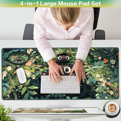 Desk Mat, Large Gaming Mouse Pad with Wrist Rest, 4in1 XXL Mousepad+Keyboard Wrist Rest+Mouse Pad Wrist Support+Cup Coaster Set Ergonomic Floral Computer Desk Arm Wrist for Decor Home Office Women