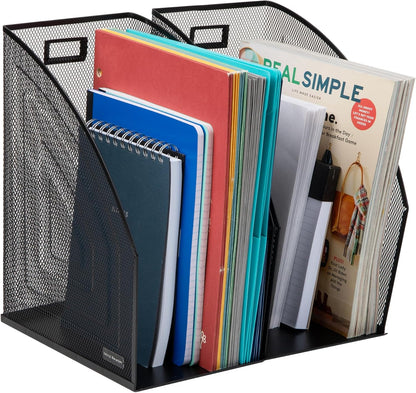 Mind Reader Vertical File Organizers, Desktop File Holders for Folders, Magazines, and Paperwork, Workspace Organizer, Metal Mesh, Set of 2, Black