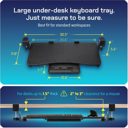 Keyboard Tray | Under Desk Keyboard Tray Slide Out w/Adjustable C-Clamps for Desks Up to 1.5-Inch-Thick | Clamp On Drawer with 1x USB-C to 4 USB-A Hub and 1x Five-Cable Management Organizer