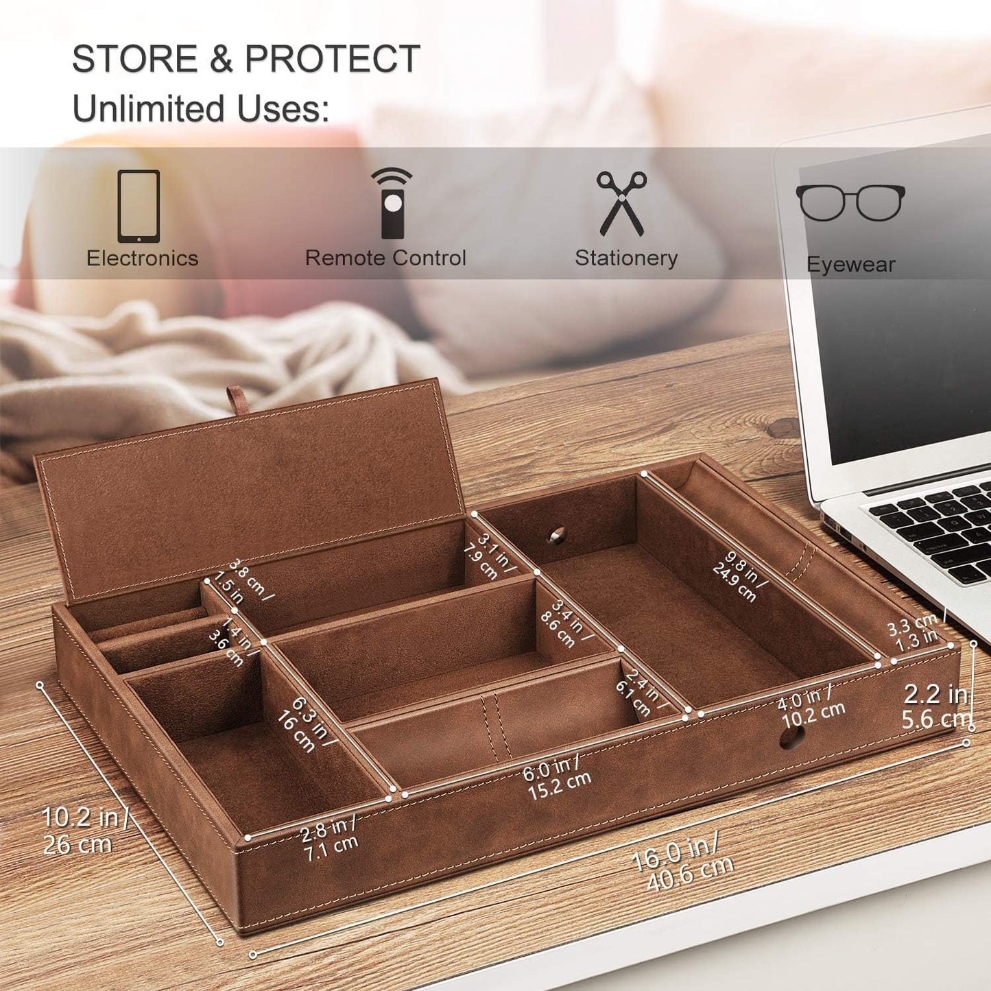 SITHON Valet Tray Desktop Organizer - 8 Compartments Catchall EDC Tray PU Leather Bedside Vanity Nightstand Caddy Coin Box Key Jewelry Storage Organizer, Black