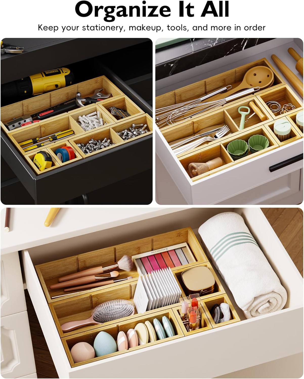 Bamboo Drawer Organizer with 9 Adjustable Compartments, Office Desk Organization Tray for Office Utensils, Supplies, Makeup, Jewelry, and More – Ideal for Desk or Drawer Storage
