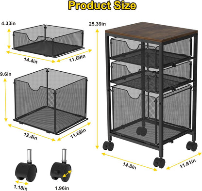 BOHDK Rolling File Cart with 3 Storage Drawers, Wood & Mesh Hanging File Folder Organizer with Wheels Under Desk, File Cabinets for Home Office, 11.81" D x 14.8" W x 25.39" H, White