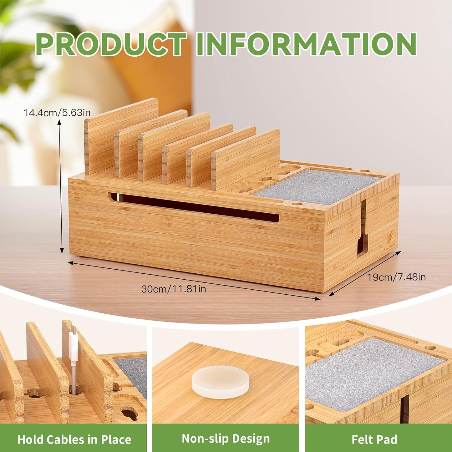 Pezin & Hulin Bamboo Charging Station for Multiple Devices, USB Charger Dock Organizer, with Power Supply (10 Ports HUB), 6 Cables, Cable Management Organizer for Cell Phones, Tablets -Natural+White
