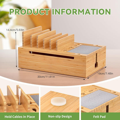 Pezin & Hulin Bamboo Charging Station for Multiple Devices, USB Charger Dock Organizer, with Power Supply (10 Ports HUB), 6 Cables, Cable Management Organizer for Cell Phones, Tablets -Natural+White
