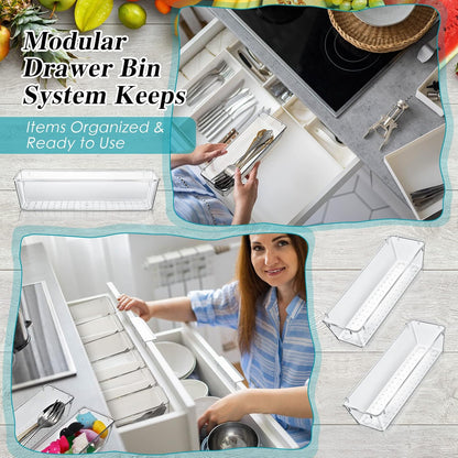 Maitys 12 Pcs Clear Drawer Organizer 9 x 3 x 2 Inches Plastic Rectangle Trays Makeup Vanity Storage Bins and Kitchen Drawers Dividers for Office Desk Silverware Kitchen Utensils(Clear)