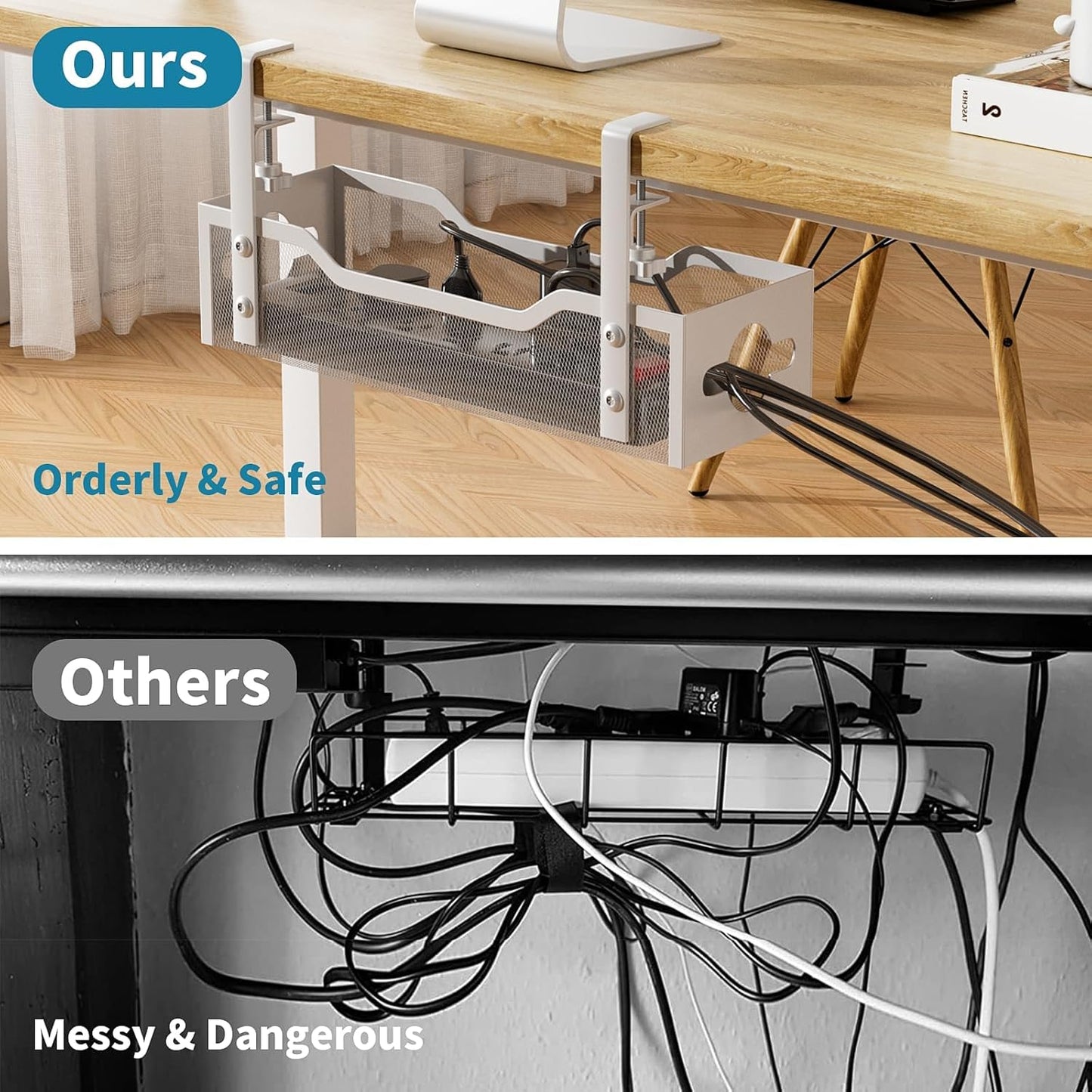Under Desk Cable Management Tray No Drill, Metal Mesh Cable Management Under Desk with Clamp Mount, 2 Hole Cable Tray with Wire Management and Cord Organizer for Home Office Standing Desk