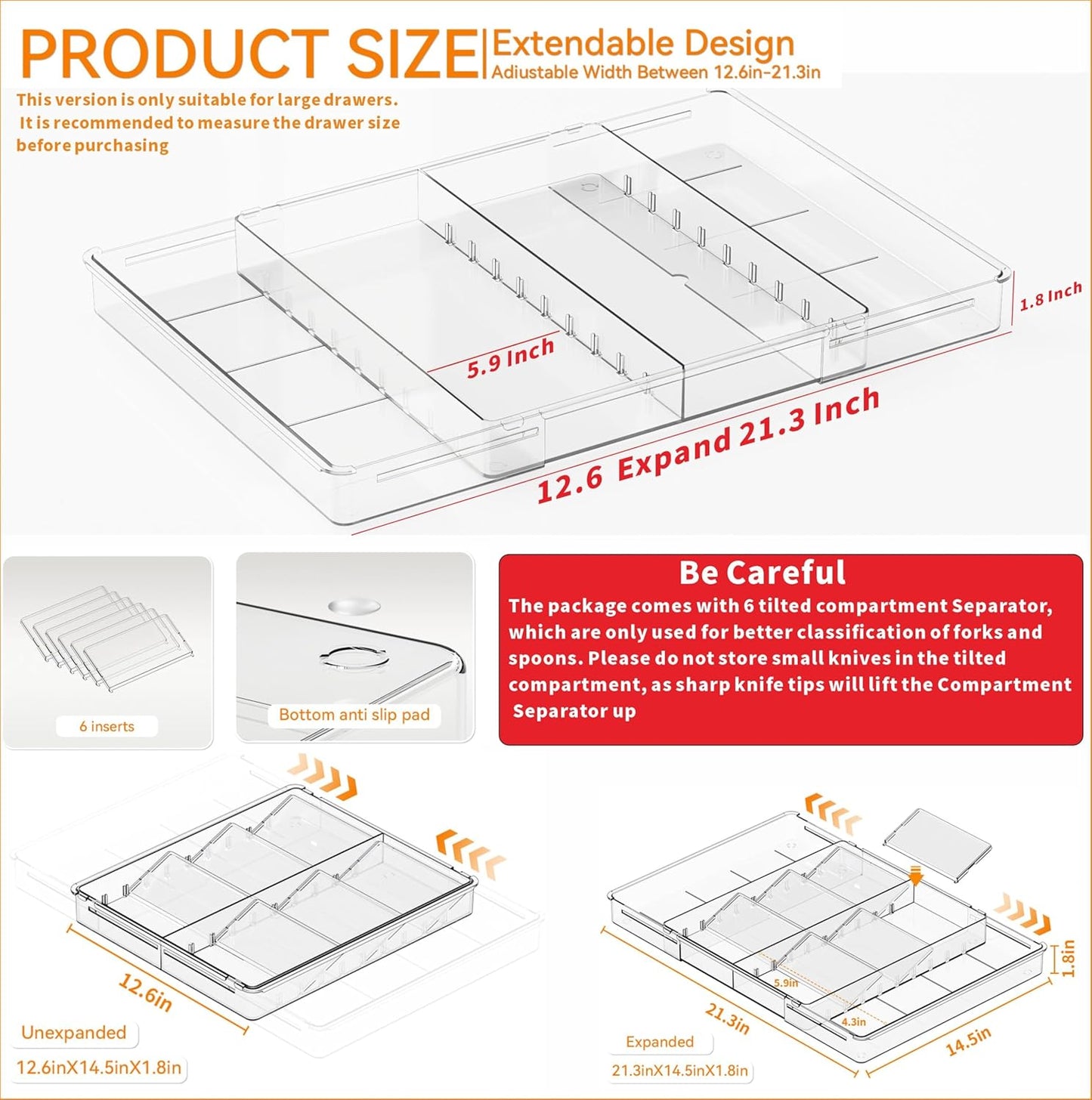 Yieach Clear Expandable Silverware Drawer Organizer - Adjust From 11'' to 22'' - Knife,Cutlery,Spoons and Forks Organizer,Large 8 Grid Flatware,Silverware Tray,Utensil Organizer for Kitchen Drawers